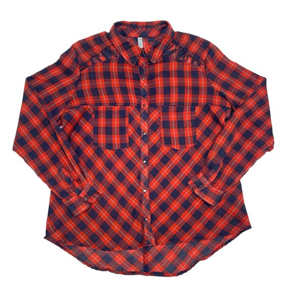 Free People Tops - Free People Top Medium Orange Blue Plaid Snap‎ Button Front Relaxed Sheer Hi Low